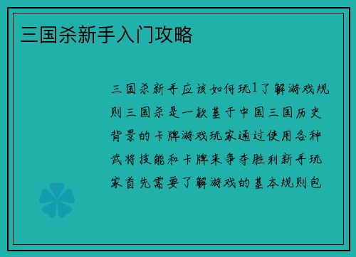 三国杀新手入门攻略